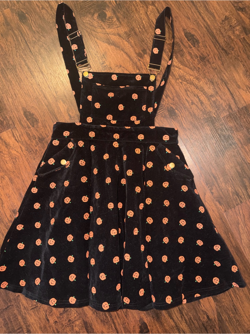 Unique Vintage Black Corduroy Pumpkin Overall Dress with Orange Print